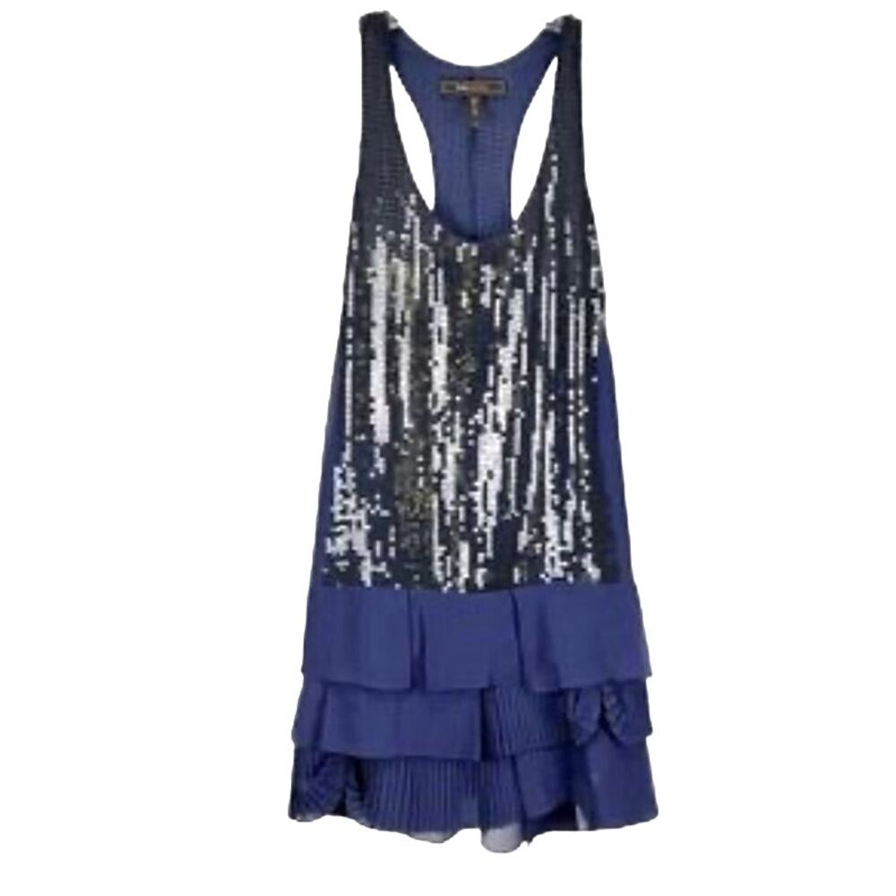 BCBGMaxAzria South Pacific Navy silk sequined racerback‎ slip dress sz LG